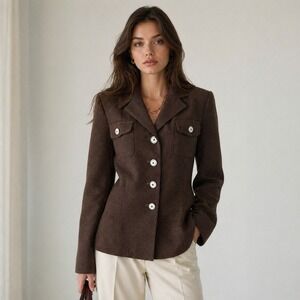 VTG 90s Sag Harbor Brown Basketweave Blazer Jacket 16 Lined Boxy Dark Academia